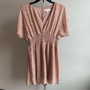 She + Sky Pink Floral Smocked Waist Dress | V-Neck Mini Dress | Size M